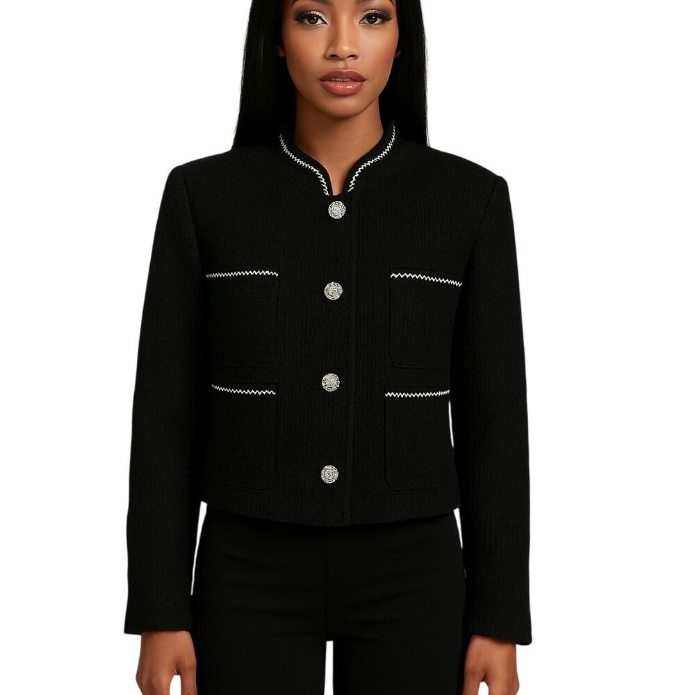 Avec Les Filles Tweed Bouclé Blazer Jacket Womens X Large Black Gold Trim New